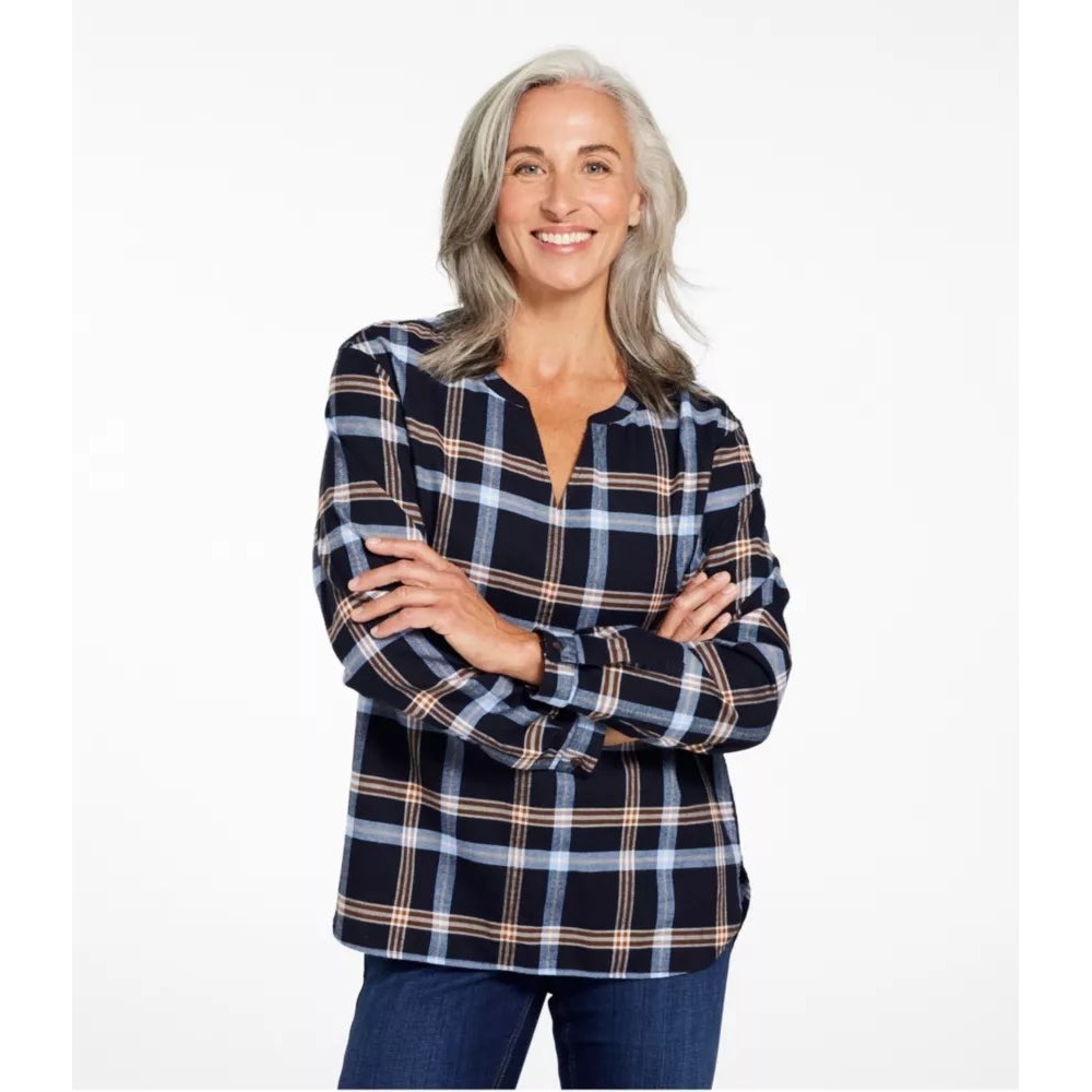 LL Bean Women Navy Blue Plaid Cotton Flannel Split Neck Tunic Top Large
